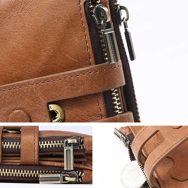 Men Genuine Leather Vintage Multi-slots Card Holder Zipper Anti-theft Small Short Wallet Purse