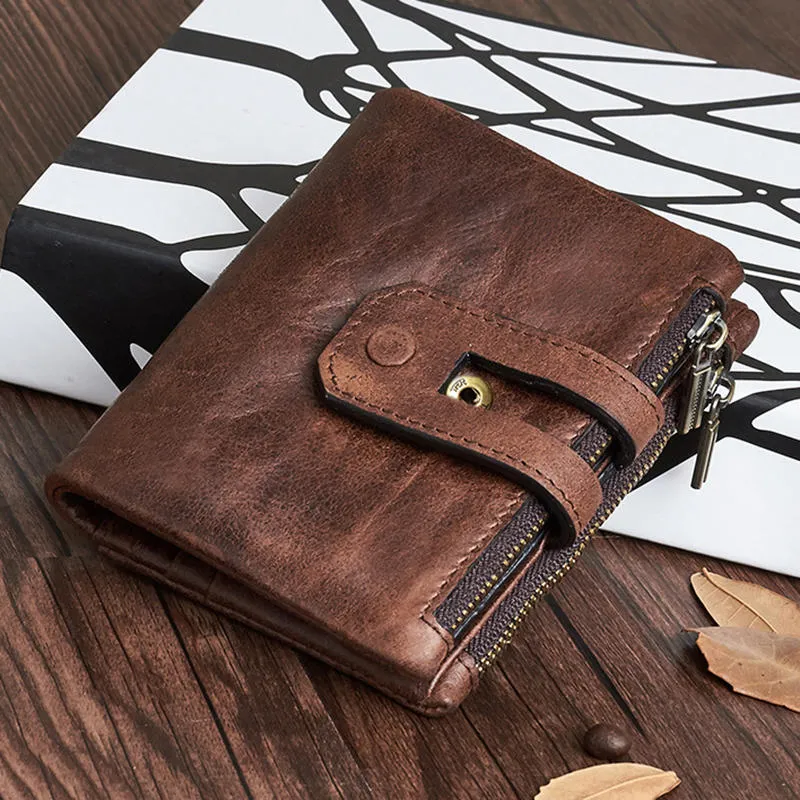 Men Genuine Leather Vintage Multi-slots Card Holder Zipper Anti-theft Small Short Wallet Purse