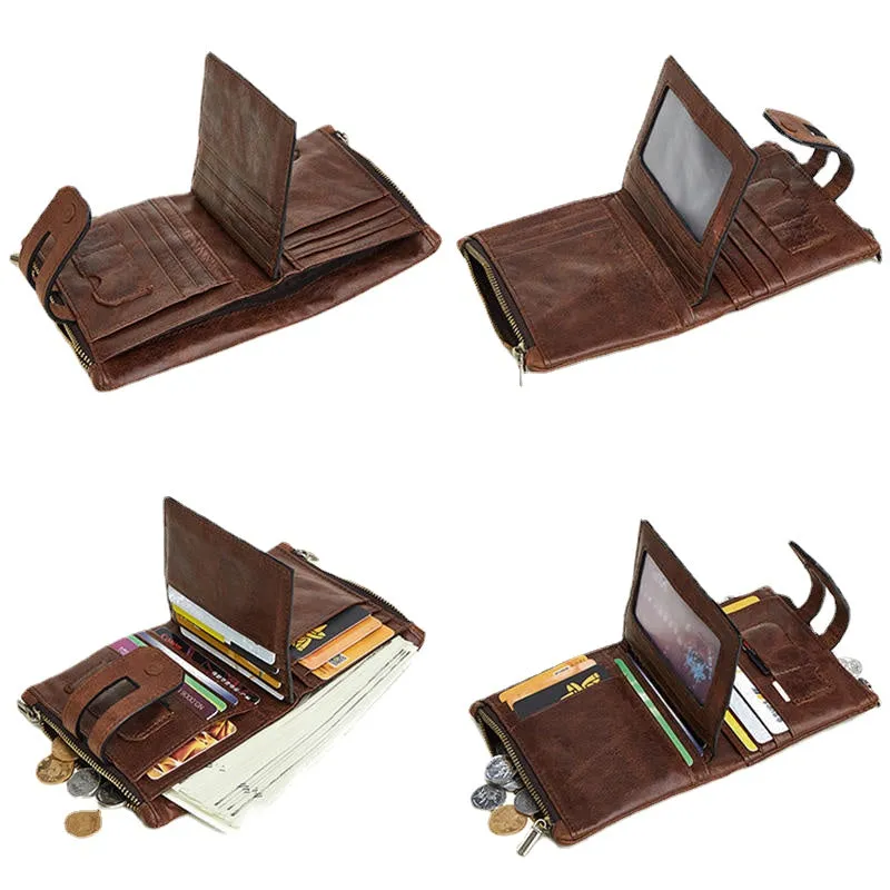 Men Genuine Leather Vintage Multi-slots Card Holder Zipper Anti-theft Small Short Wallet Purse