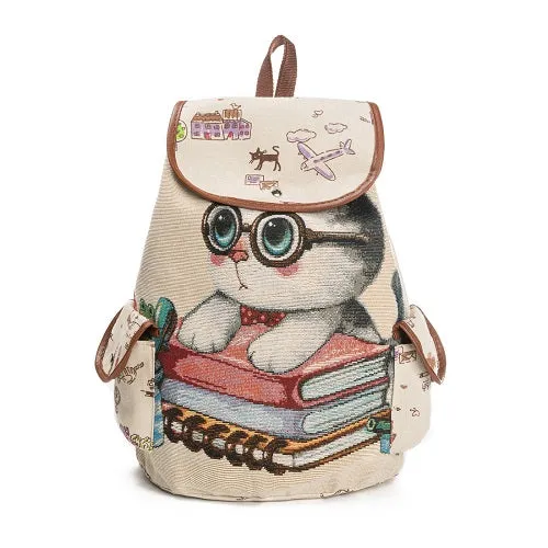 Miyahouse Cute Cat Backpack Women Canvas Backpack Drawstring Printing Backpacks For Teenage Girls Large Capacity School Bag