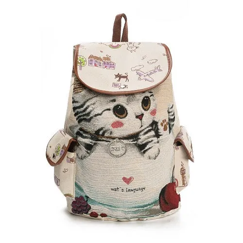 Miyahouse Cute Cat Backpack Women Canvas Backpack Drawstring Printing Backpacks For Teenage Girls Large Capacity School Bag