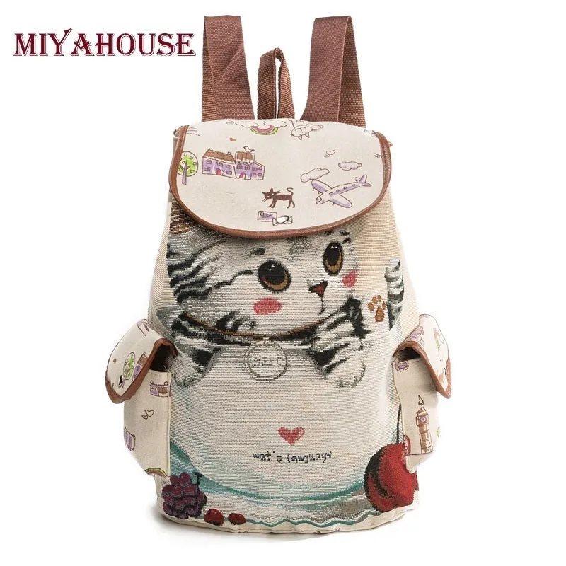 Miyahouse Cute Cat Backpack Women Canvas Backpack Drawstring Printing Backpacks For Teenage Girls Large Capacity School Bag