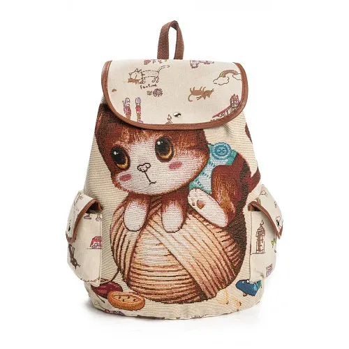 Miyahouse Cute Cat Backpack Women Canvas Backpack Drawstring Printing Backpacks For Teenage Girls Large Capacity School Bag