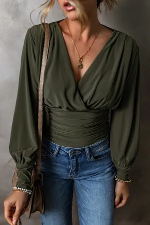 Moss Green Ruched Wrap V Neck Long Sleeve Bodysuit