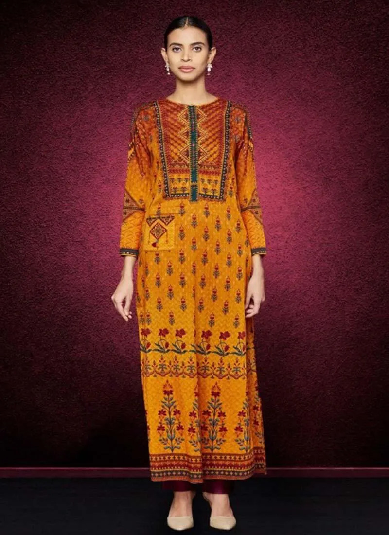 Mustard Yellow Color Elegant Printed Detailed Kurti