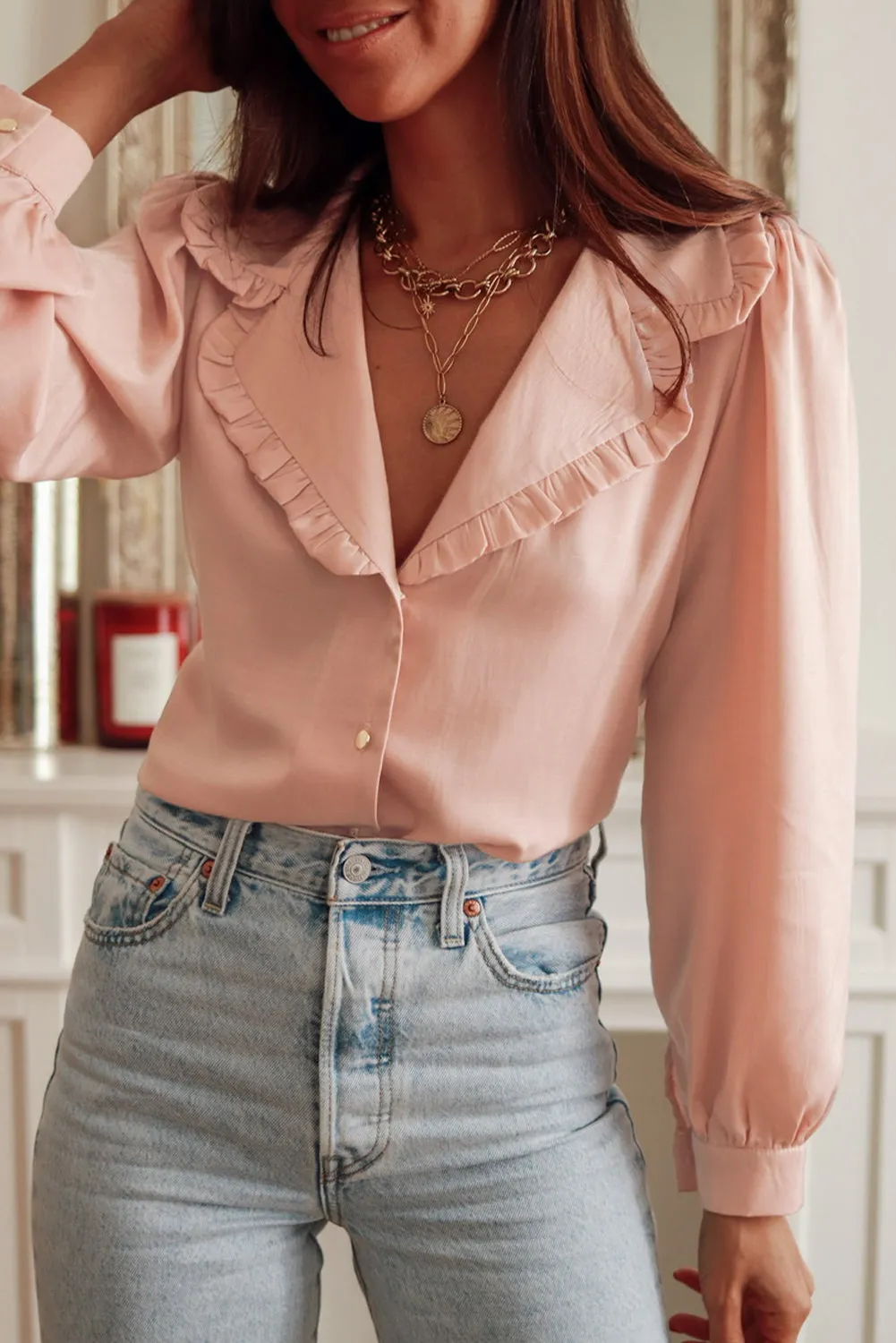 Pink Frilled Lapel Collar Button-Up Puff Sleeve Shirt