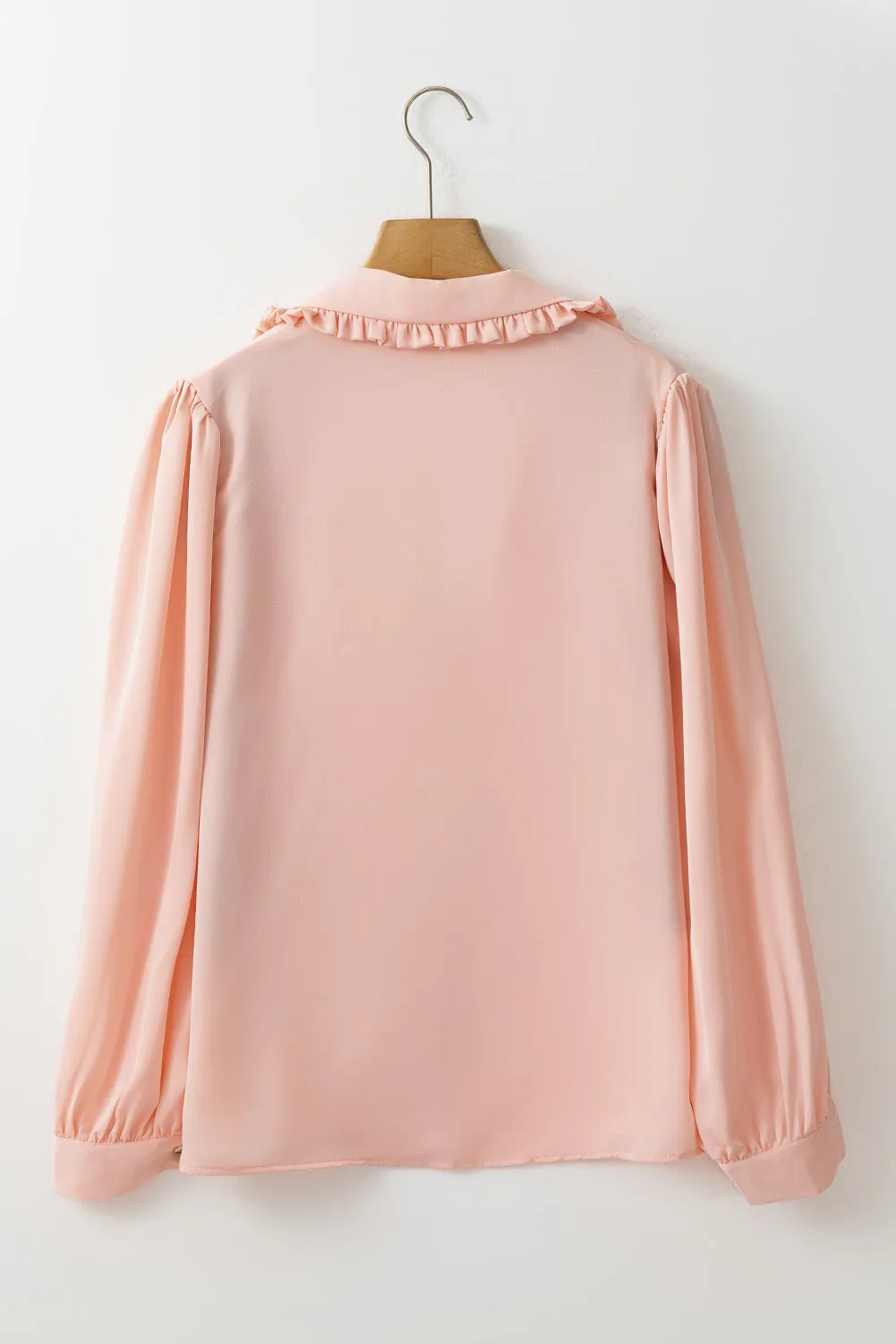 Pink Frilled Lapel Collar Button-Up Puff Sleeve Shirt