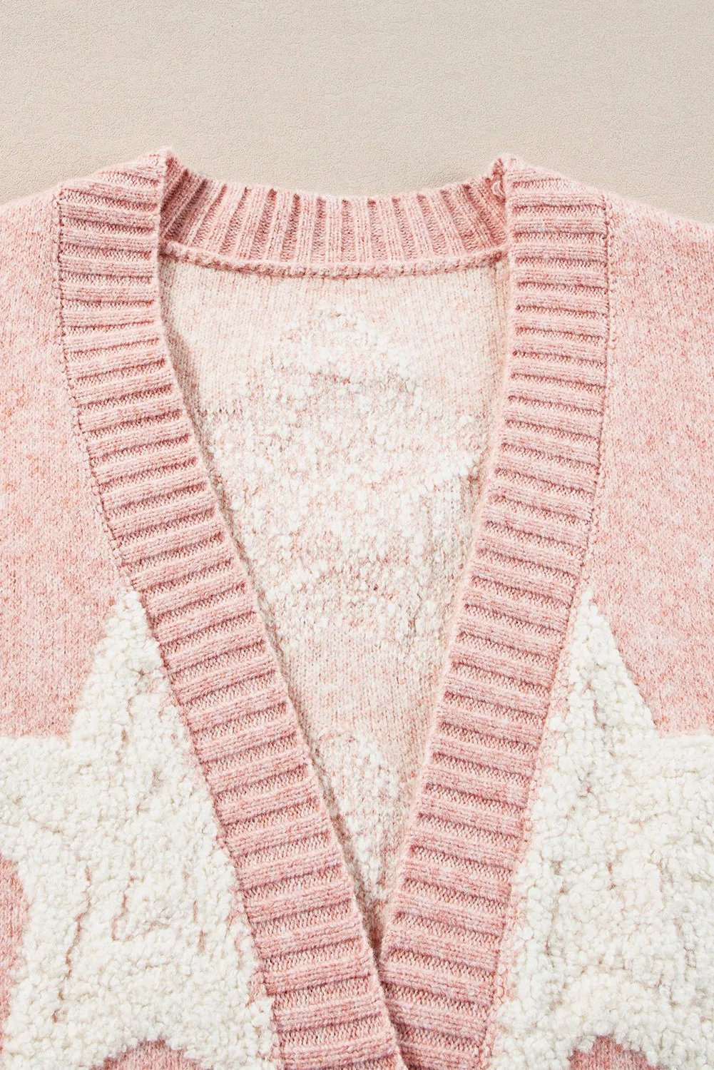 Pink Sherpa Star Pattern Textured Sweater Cardigan with Pockets