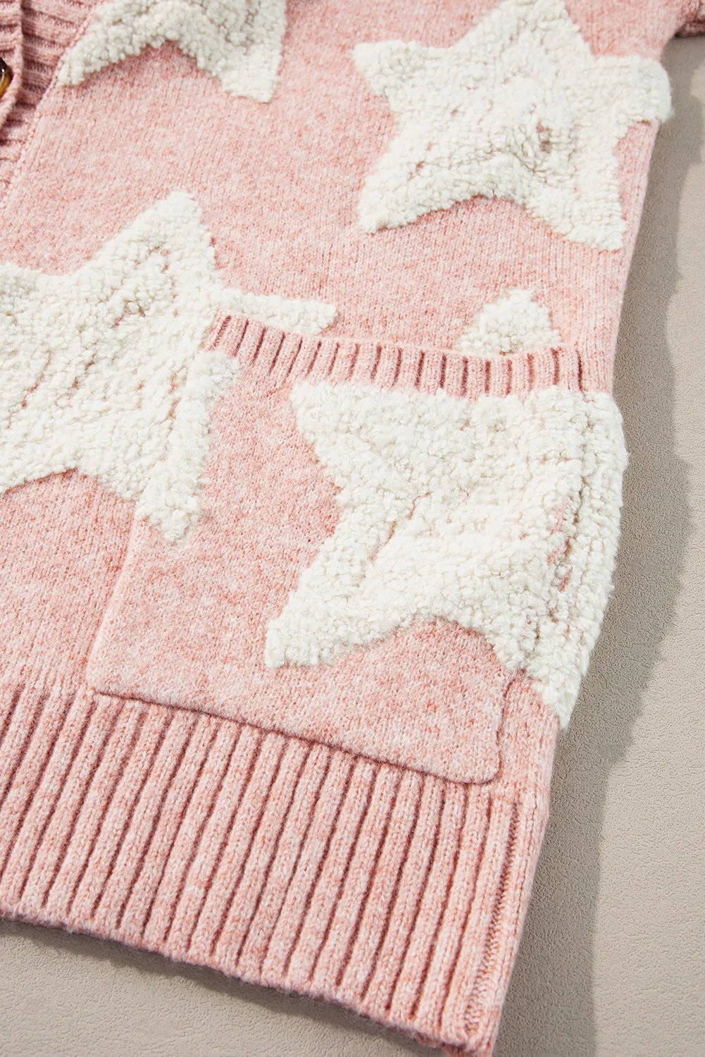 Pink Sherpa Star Pattern Textured Sweater Cardigan with Pockets