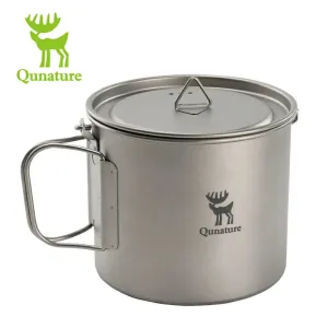 Qunature 1100ml Pure Titanium Camping Cup with Foldable Handle Lightweight