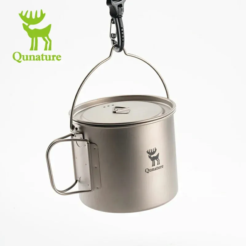 Qunature 1100ml Pure Titanium Camping Cup with Foldable Handle Lightweight