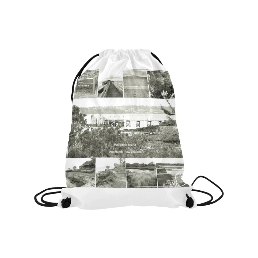 Rangitoto Island Black and White Drawstring Bag