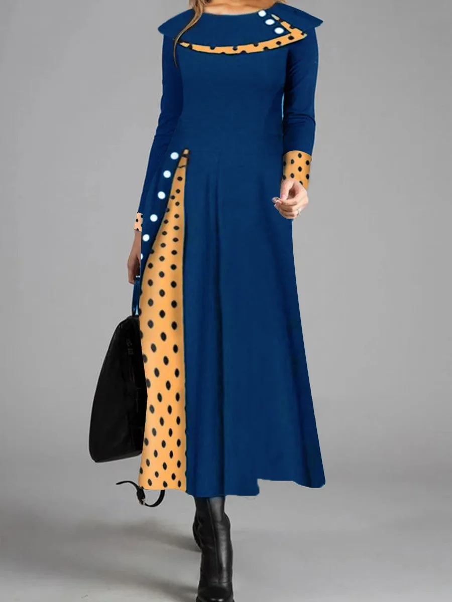 Retro Elegant Long-Sleeved Polka-Dot Color Blocking Maxi Dress