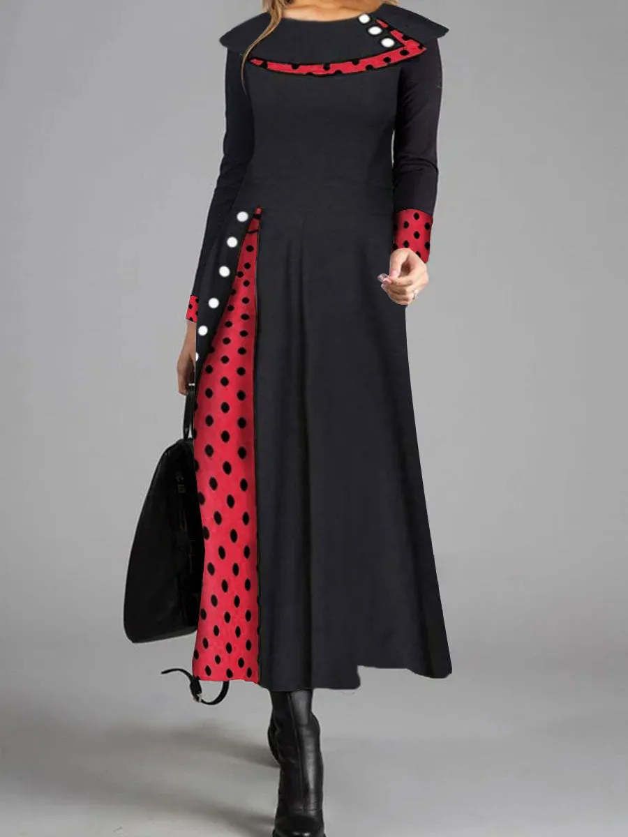 Retro Elegant Long-Sleeved Polka-Dot Color Blocking Maxi Dress