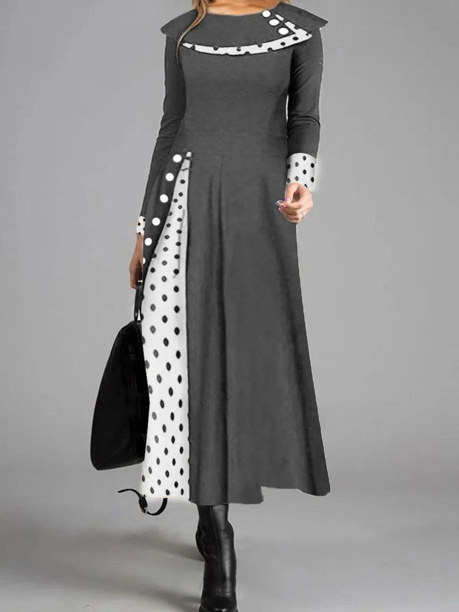 Retro Elegant Long-Sleeved Polka-Dot Color Blocking Maxi Dress