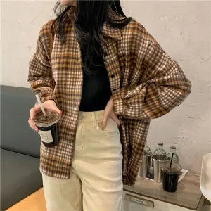 Retro Plaid Women Shirts Vintage Fall Single Breasted Long Sleeve Female Shirt Designed Spring Korean Ladies  Tops