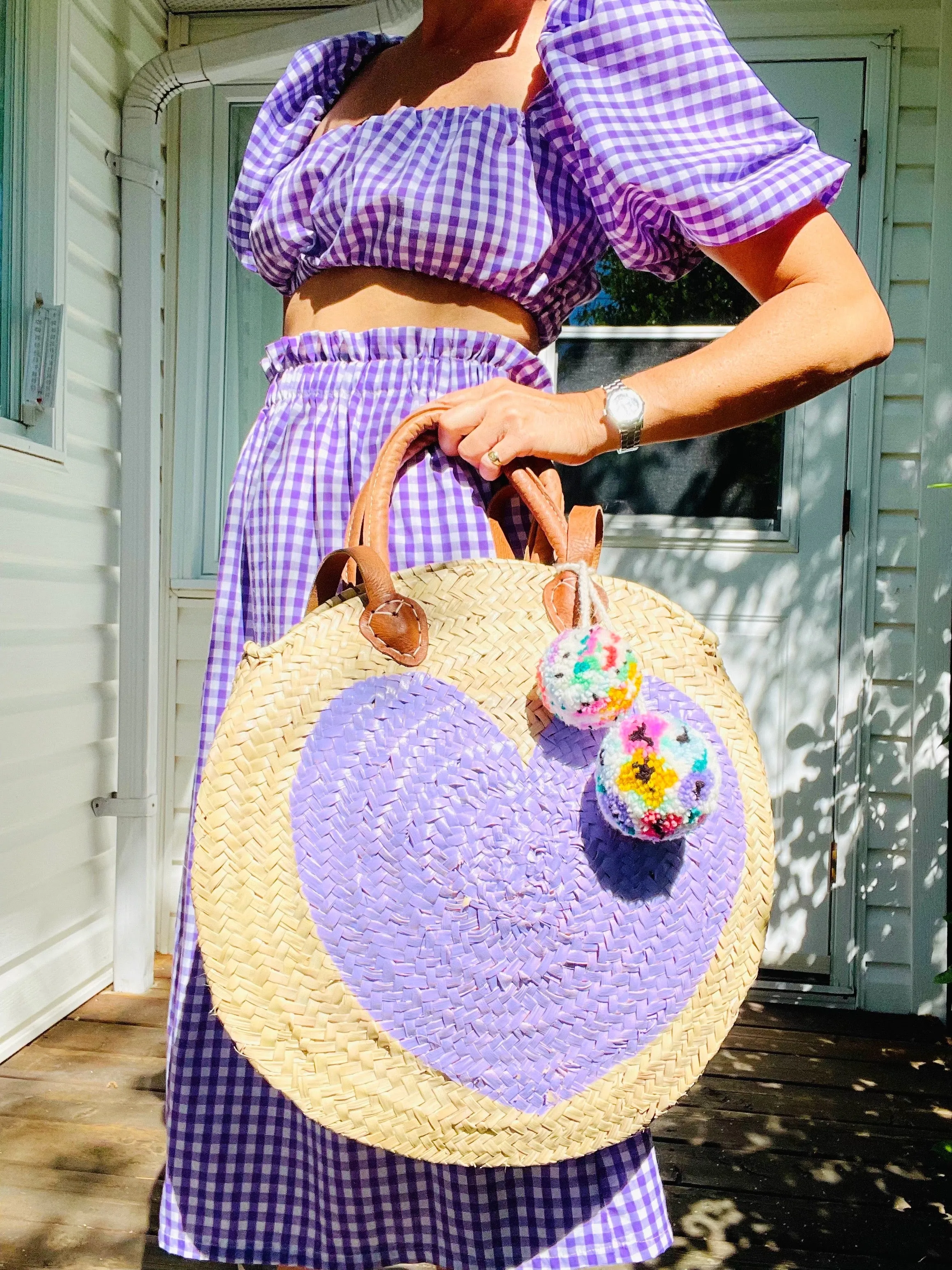 Round  Straw Bag with Poms by Poppy Joy Pompoms - Lavender