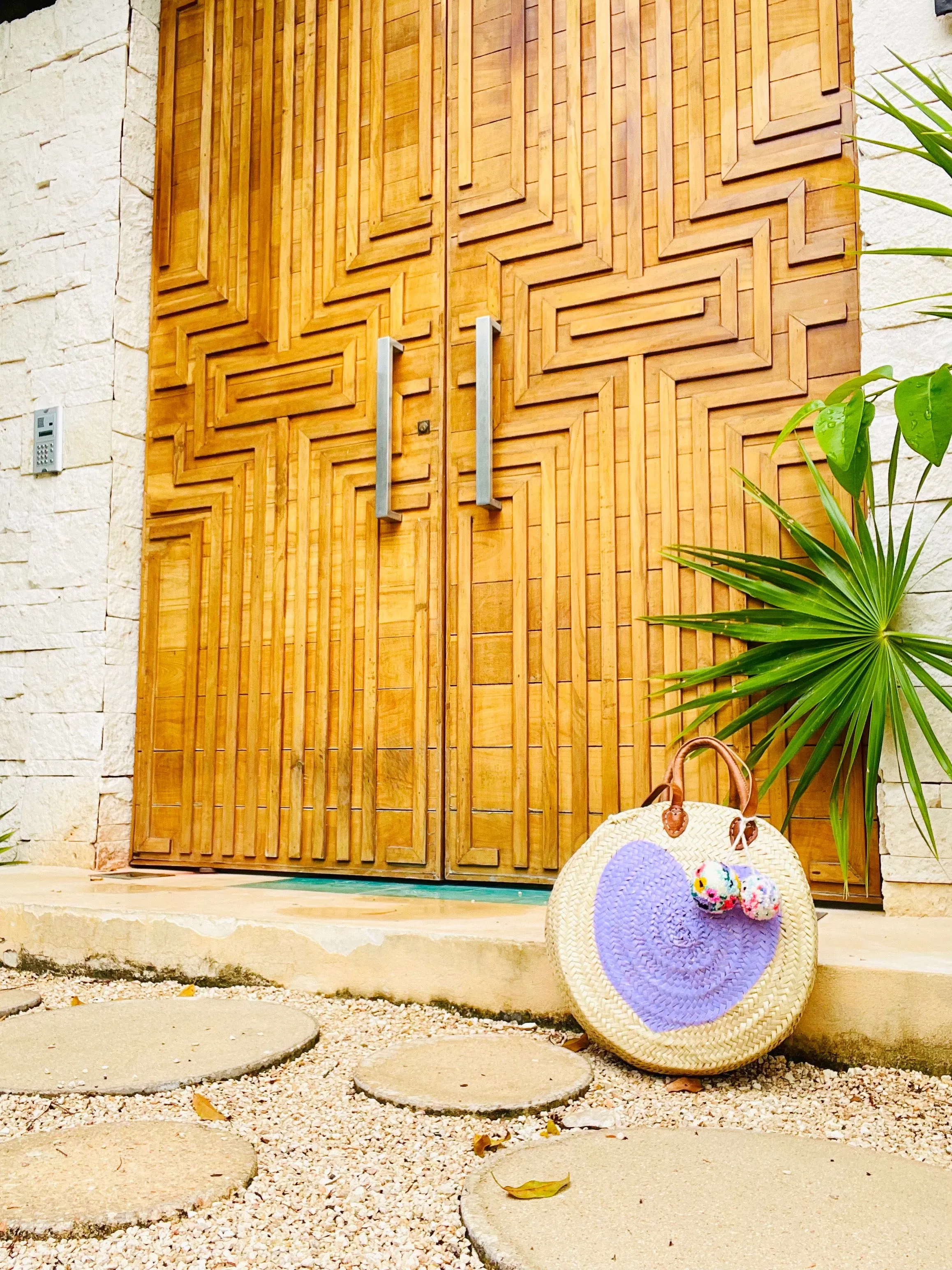 Round  Straw Bag with Poms by Poppy Joy Pompoms - Lavender