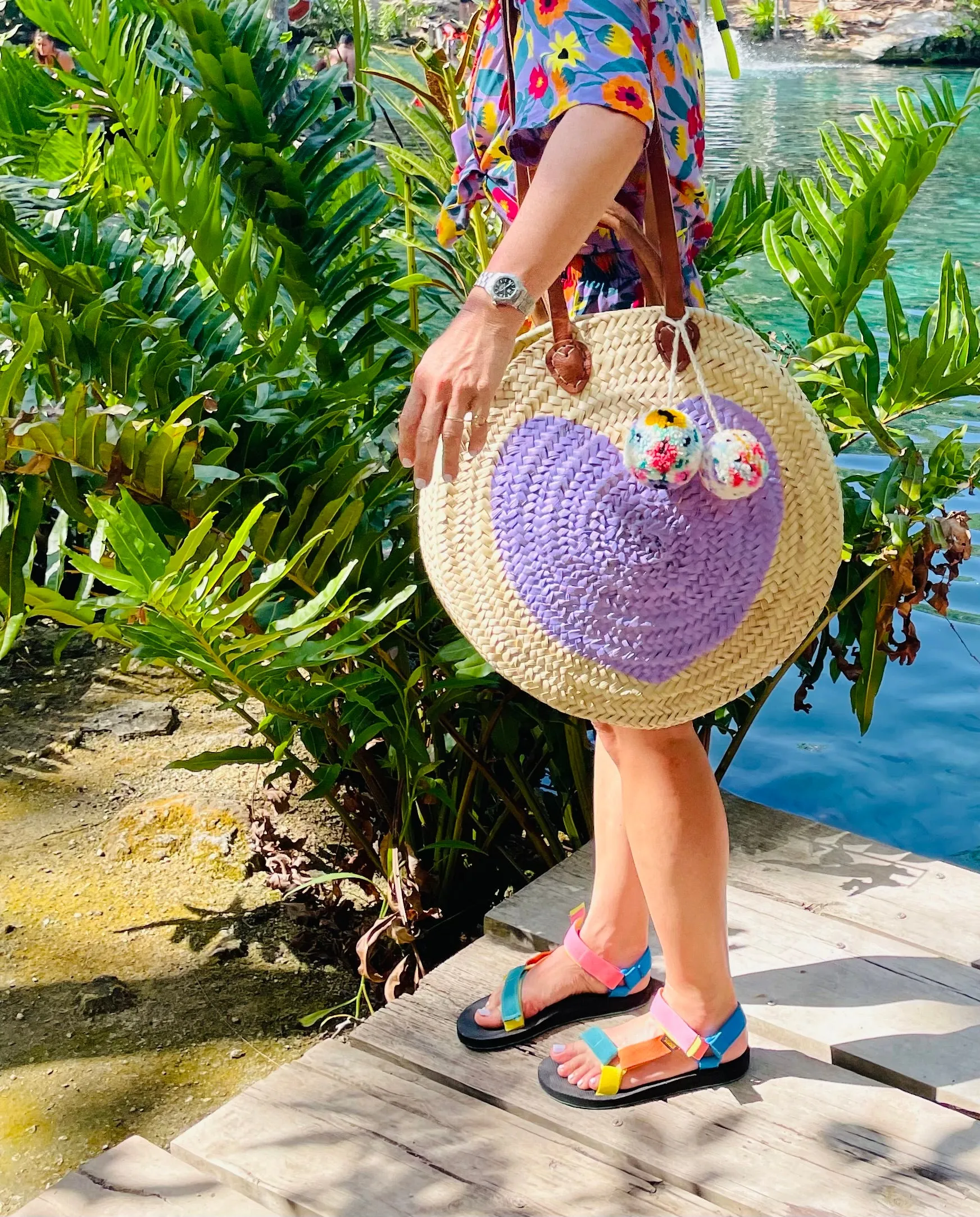 Round  Straw Bag with Poms by Poppy Joy Pompoms - Lavender