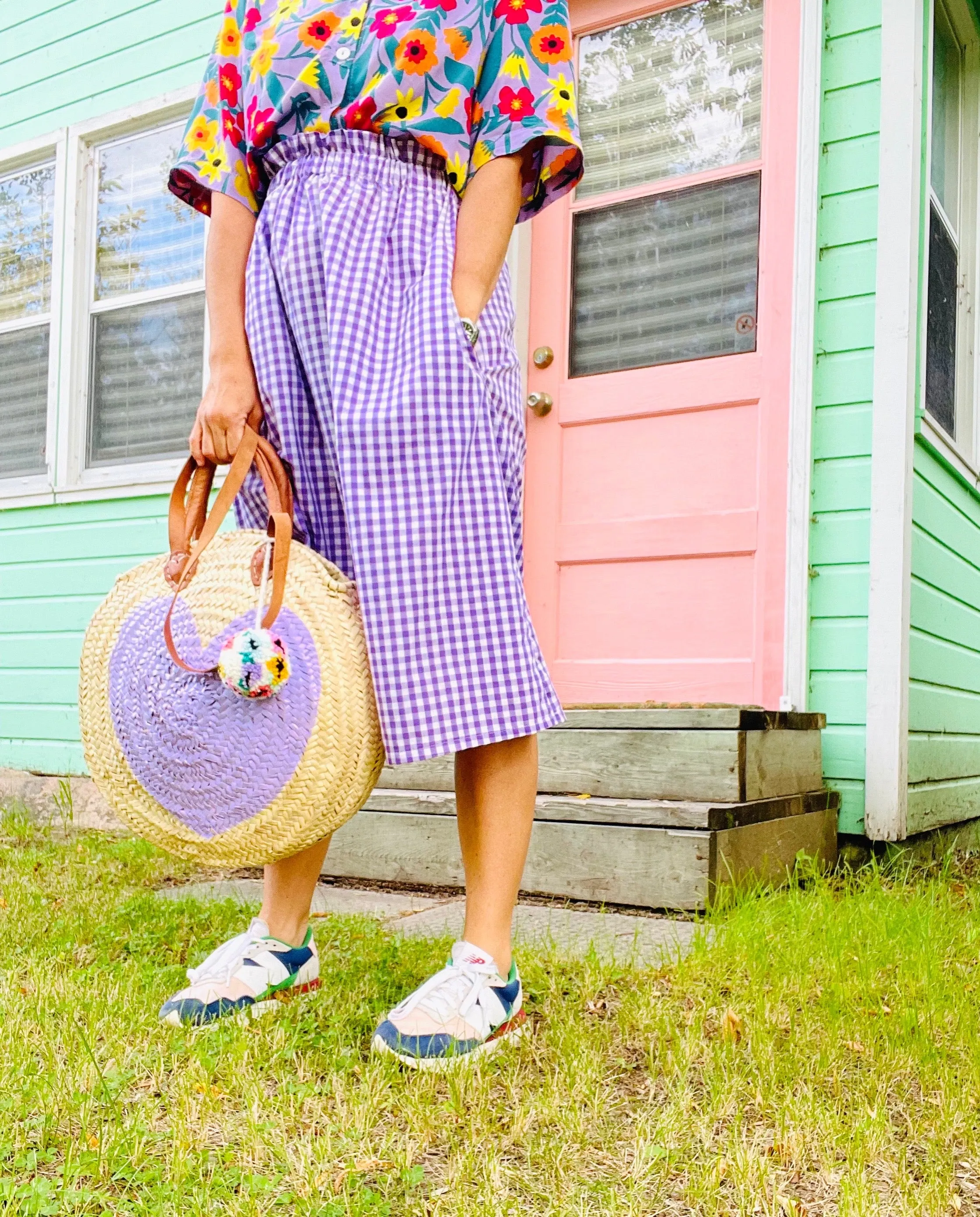 Round  Straw Bag with Poms by Poppy Joy Pompoms - Lavender