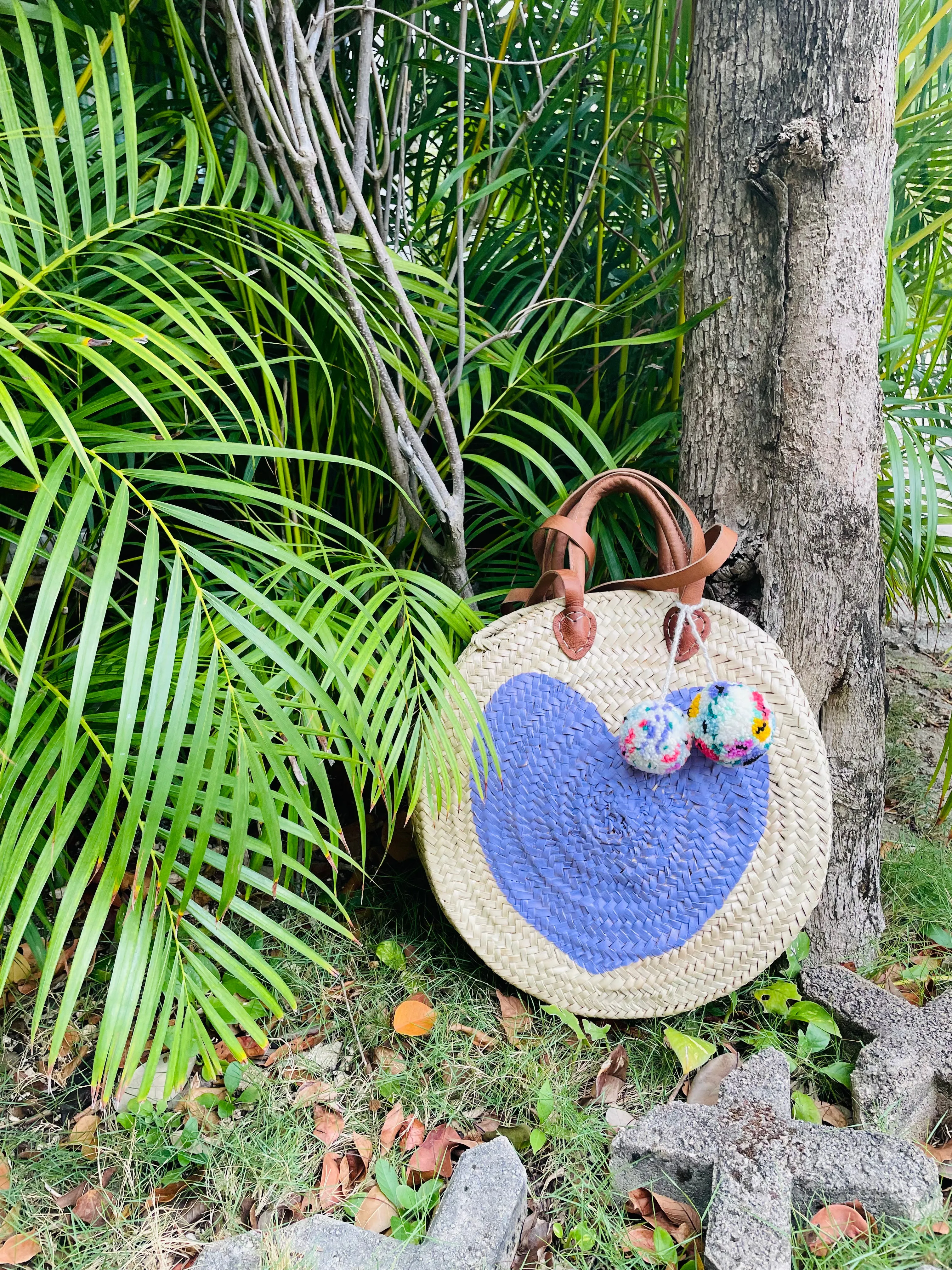 Round  Straw Bag with Poms by Poppy Joy Pompoms - Lavender