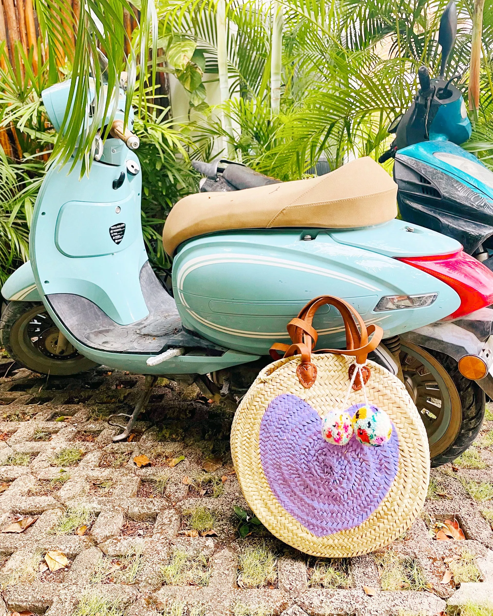 Round  Straw Bag with Poms by Poppy Joy Pompoms - Lavender