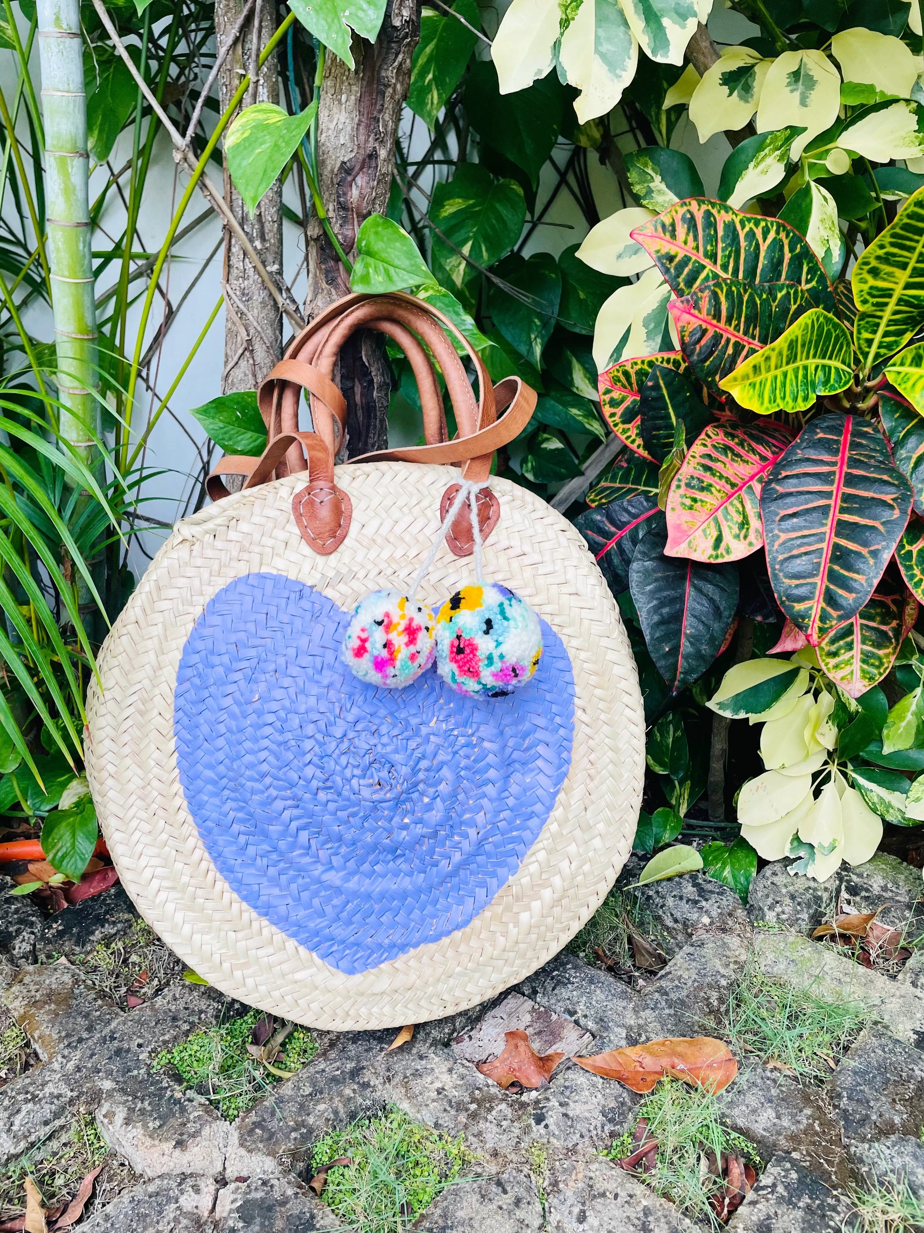 Round  Straw Bag with Poms by Poppy Joy Pompoms - Lavender