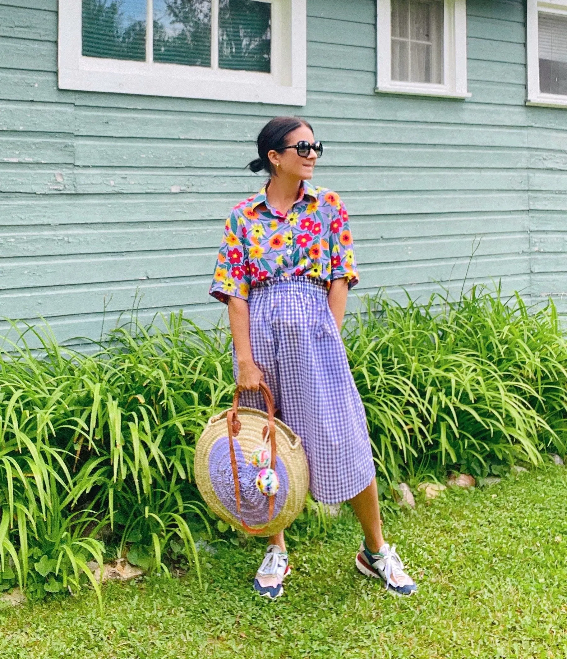 Round  Straw Bag with Poms by Poppy Joy Pompoms - Lavender