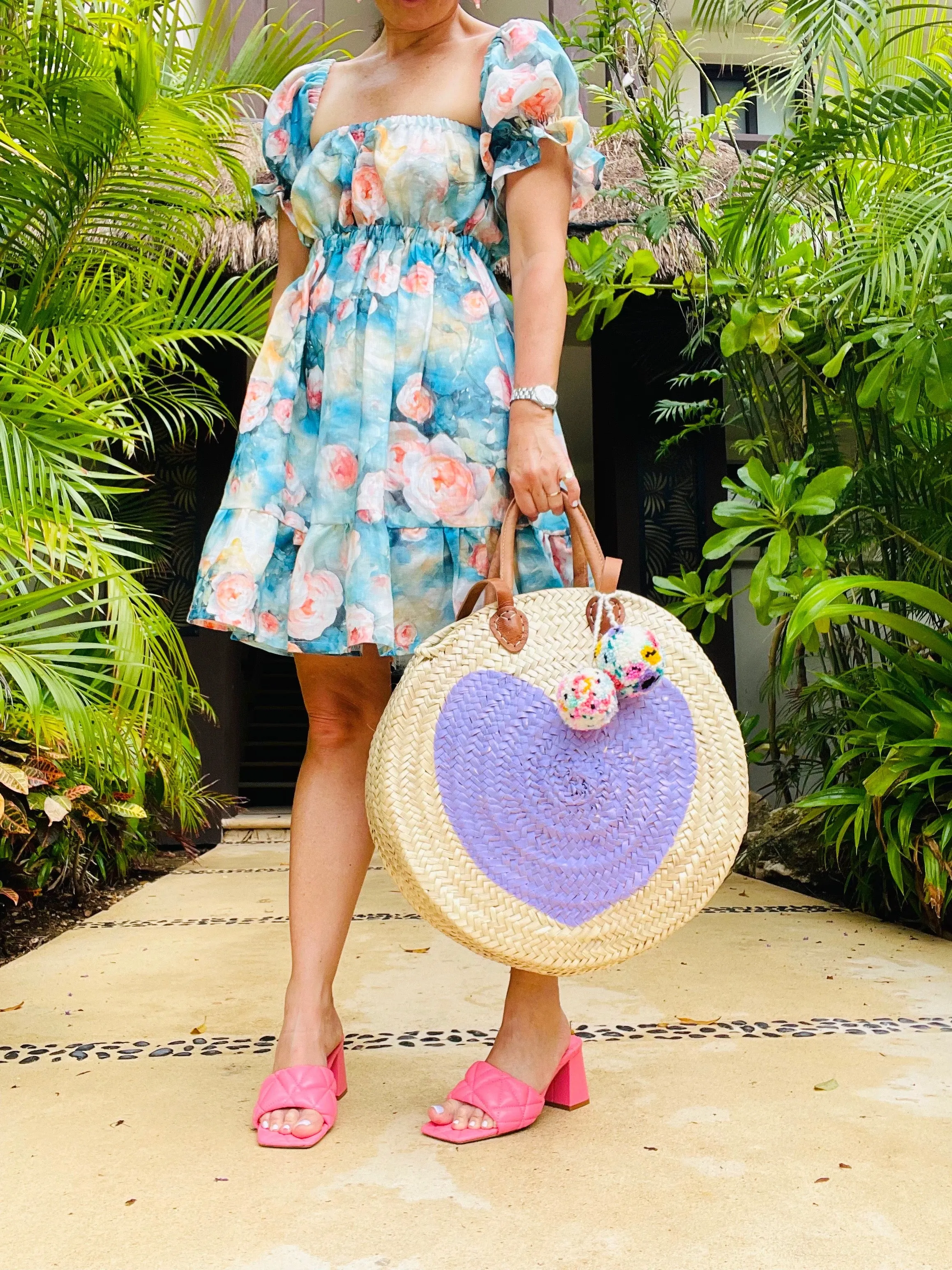 Round  Straw Bag with Poms by Poppy Joy Pompoms - Lavender