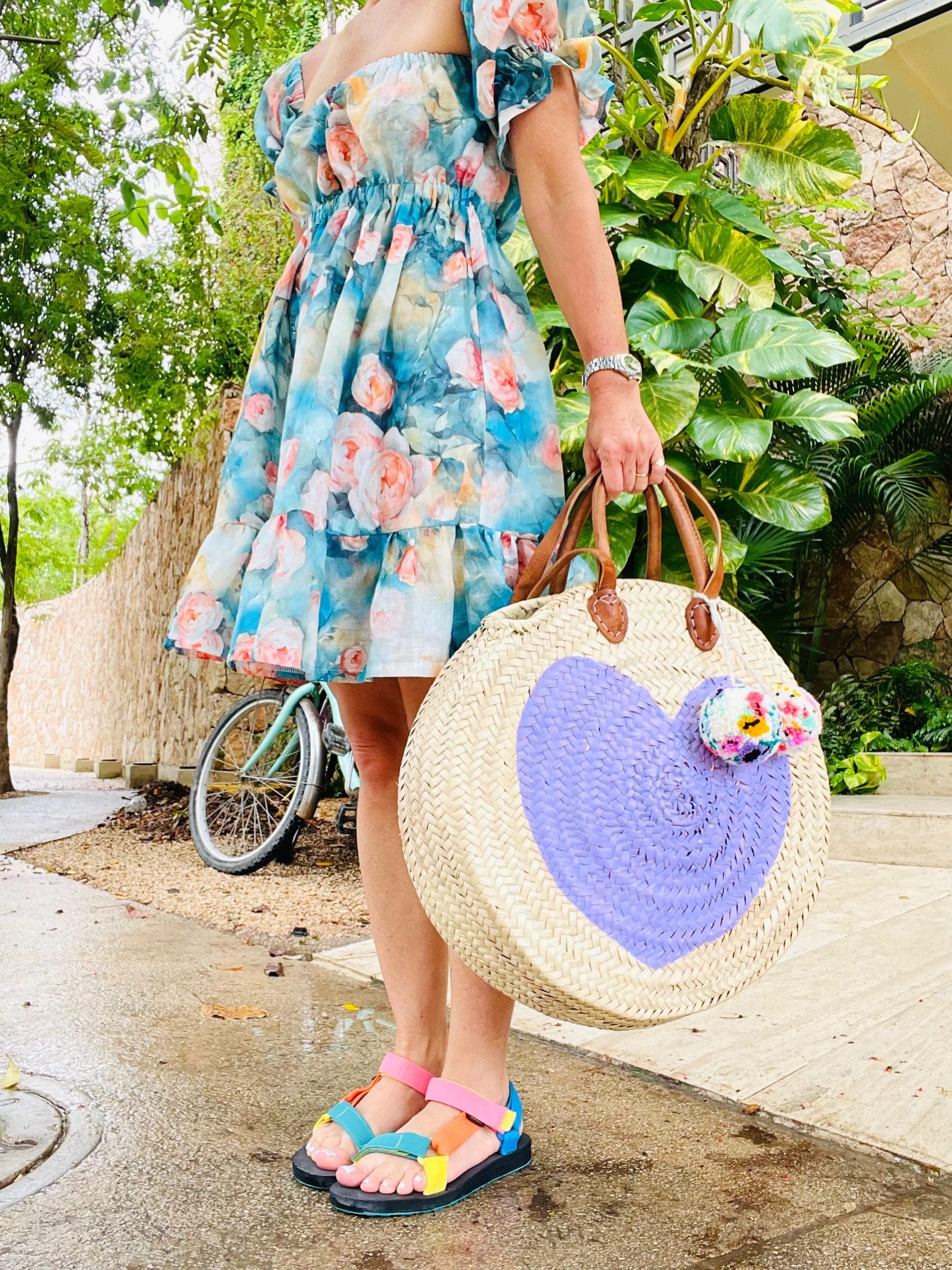 Round  Straw Bag with Poms by Poppy Joy Pompoms - Lavender