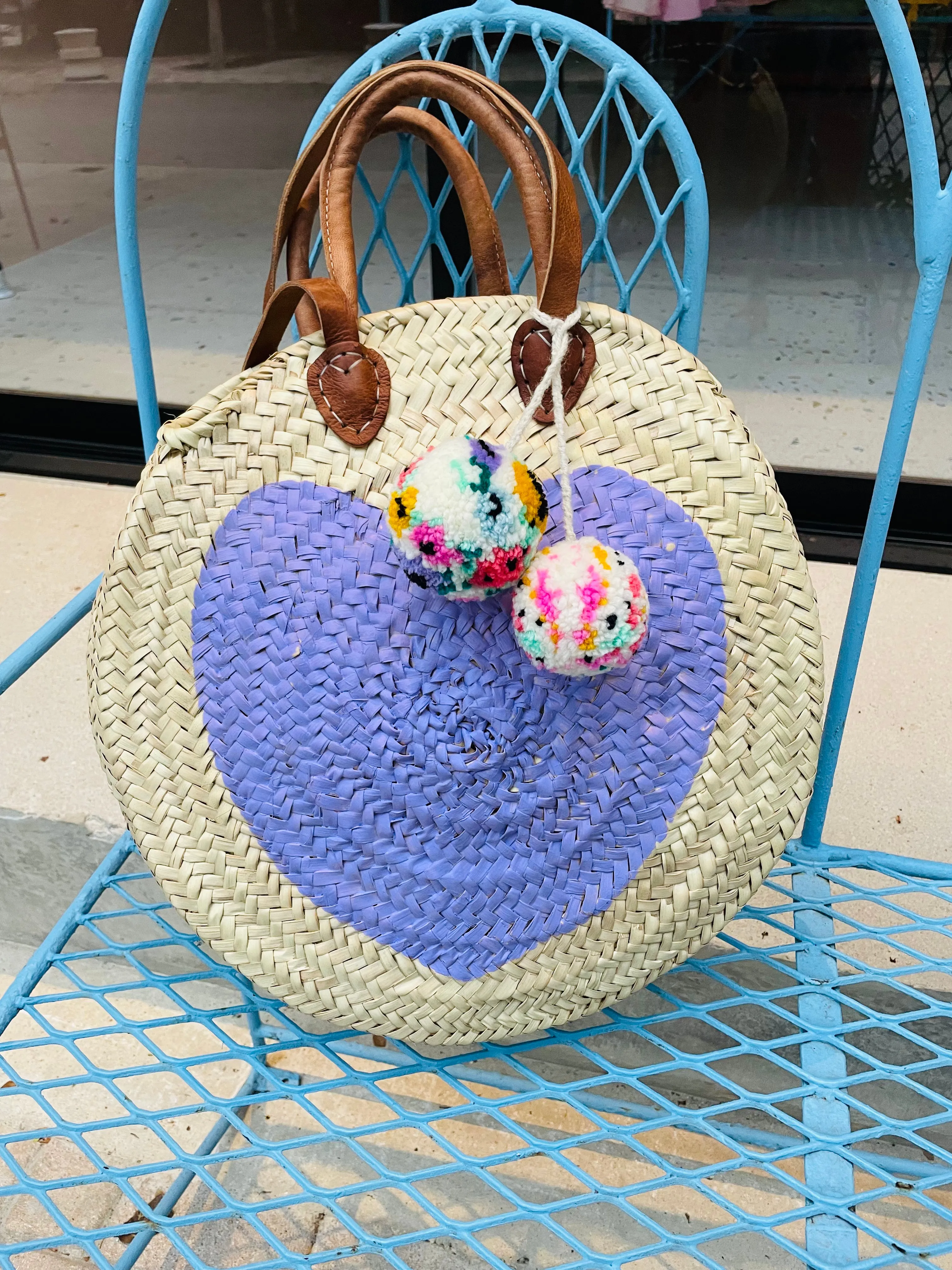 Round  Straw Bag with Poms by Poppy Joy Pompoms - Lavender