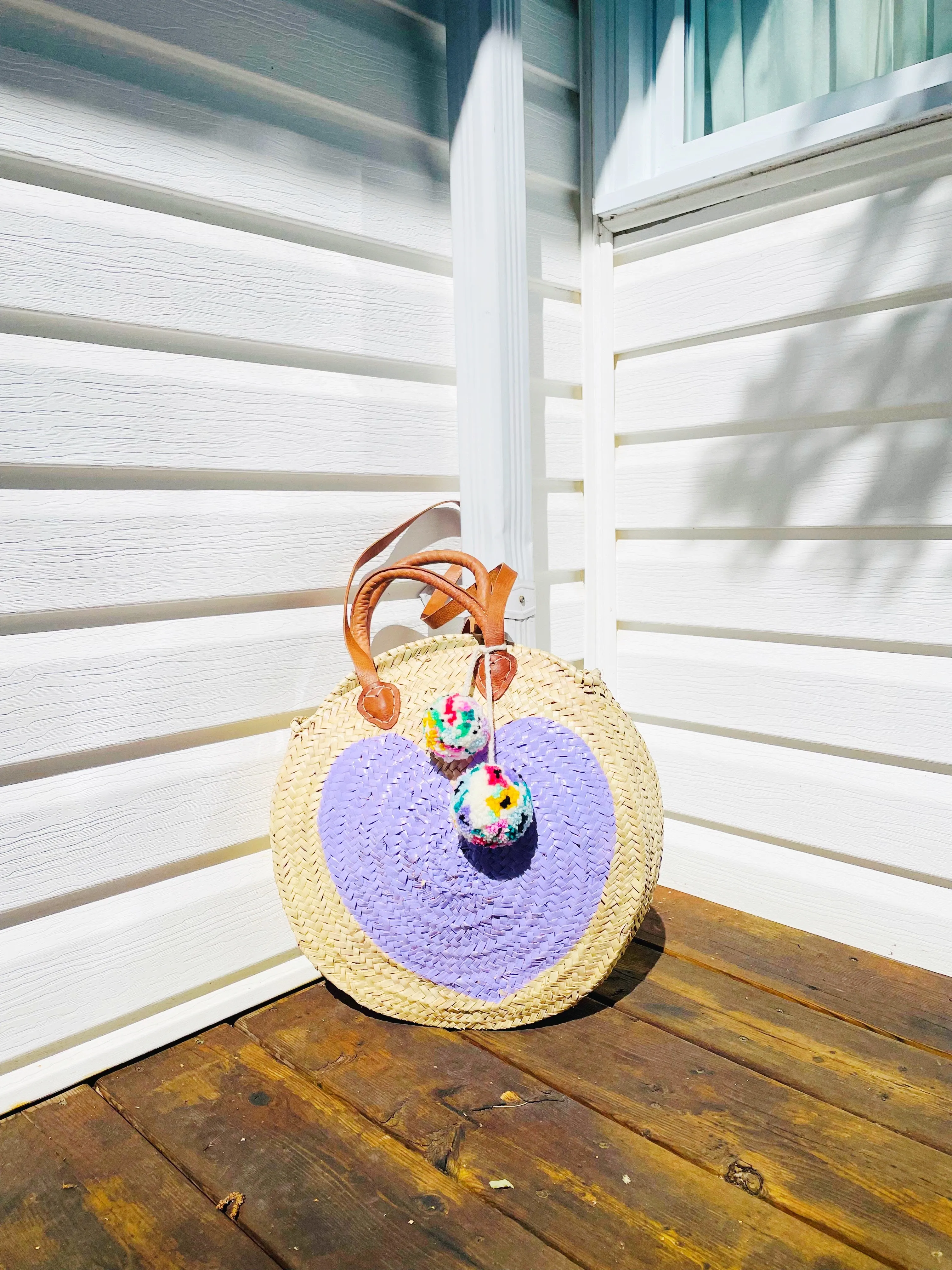 Round  Straw Bag with Poms by Poppy Joy Pompoms - Lavender