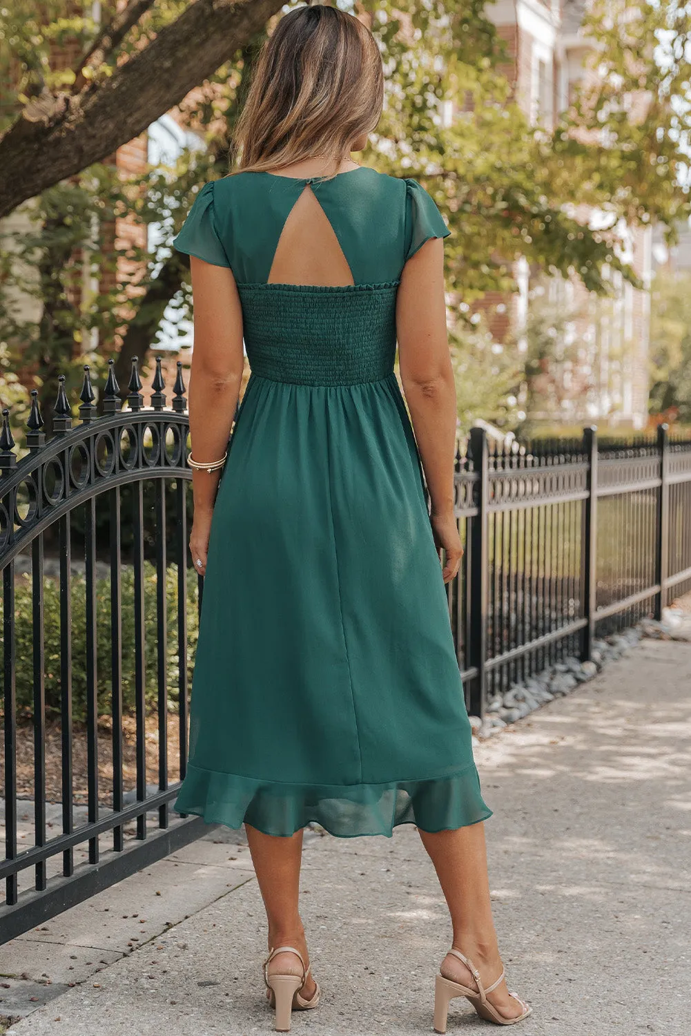 Sea Green Shirred Open Back Sweetheart Neck Ruffled Midi Dress