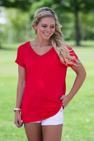 Short Sleeve Rolled Sleeve V-Neck Piko Top - Red