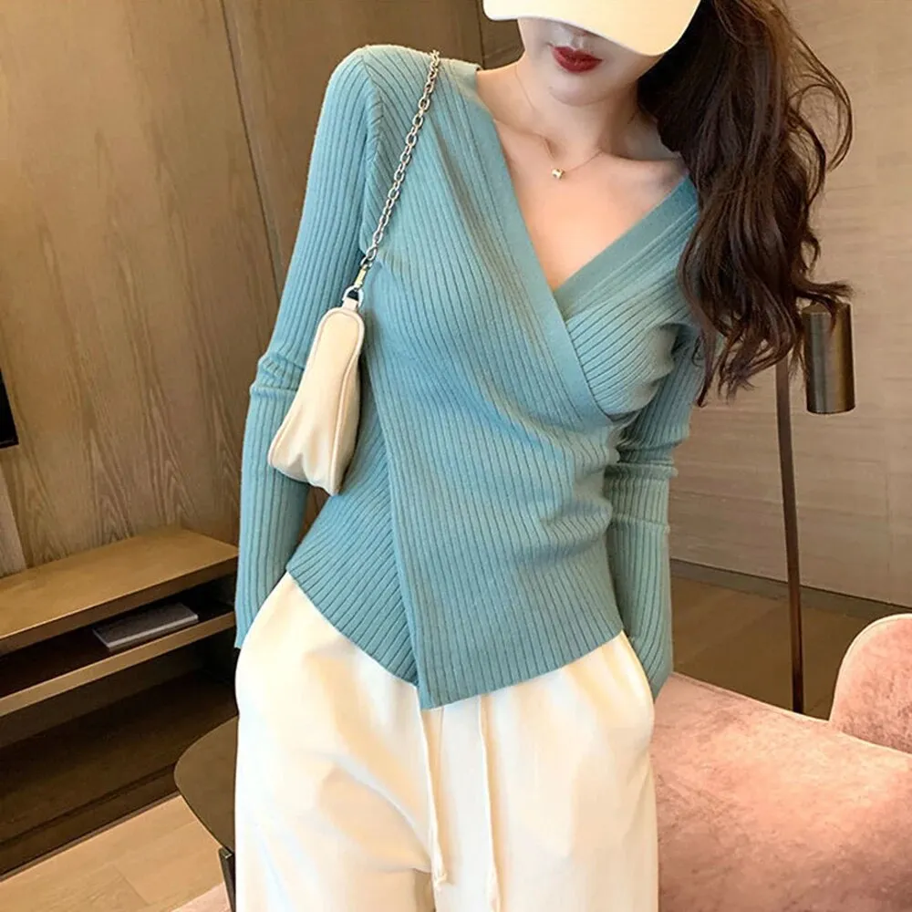 Slim Knitting Irregular Sweater For Women V Neck Long Sleeve Solid Minimalsit Pullover Female Clothing Fashion