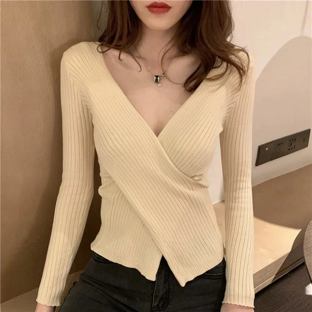 Slim Knitting Irregular Sweater For Women V Neck Long Sleeve Solid Minimalsit Pullover Female Clothing Fashion