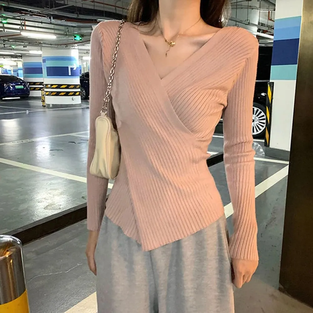 Slim Knitting Irregular Sweater For Women V Neck Long Sleeve Solid Minimalsit Pullover Female Clothing Fashion