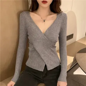 Slim Knitting Irregular Sweater For Women V Neck Long Sleeve Solid Minimalsit Pullover Female Clothing Fashion