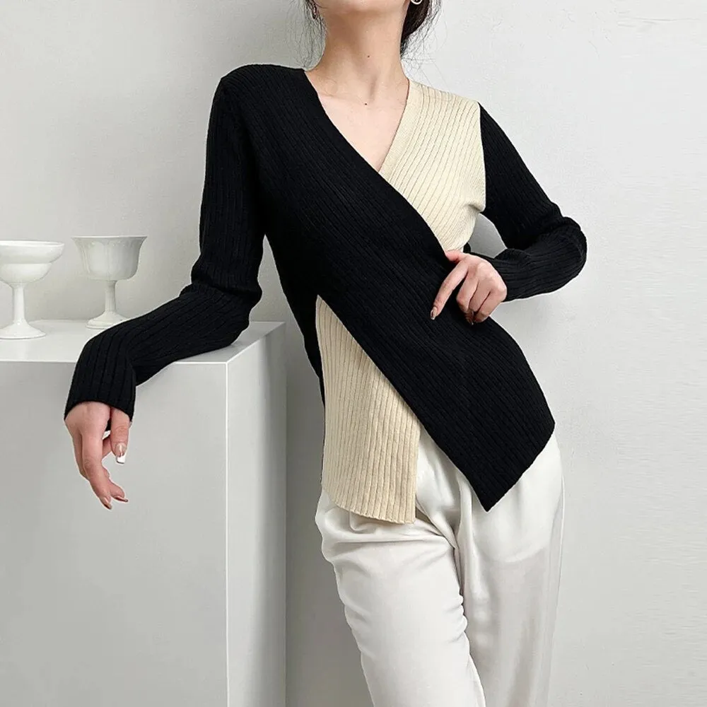 Slim Knitting Irregular Sweater For Women V Neck Long Sleeve Solid Minimalsit Pullover Female Clothing Fashion