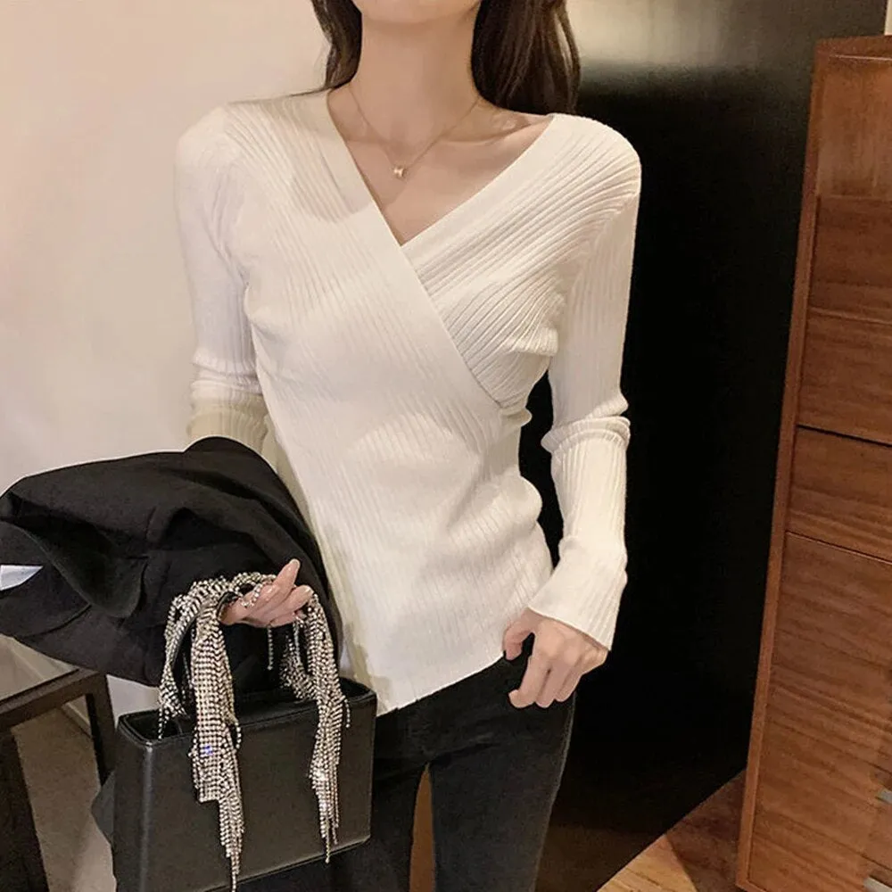 Slim Knitting Irregular Sweater For Women V Neck Long Sleeve Solid Minimalsit Pullover Female Clothing Fashion