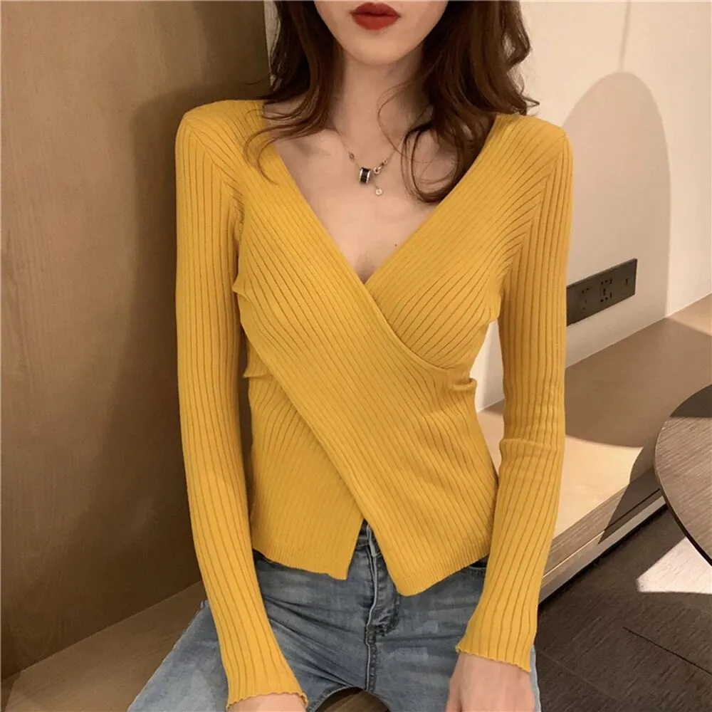 Slim Knitting Irregular Sweater For Women V Neck Long Sleeve Solid Minimalsit Pullover Female Clothing Fashion