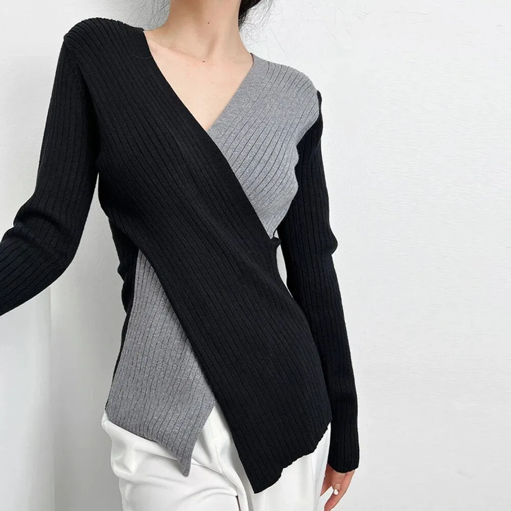 Slim Knitting Irregular Sweater For Women V Neck Long Sleeve Solid Minimalsit Pullover Female Clothing Fashion