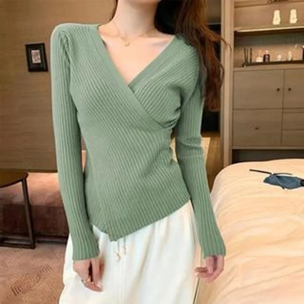 Slim Knitting Irregular Sweater For Women V Neck Long Sleeve Solid Minimalsit Pullover Female Clothing Fashion