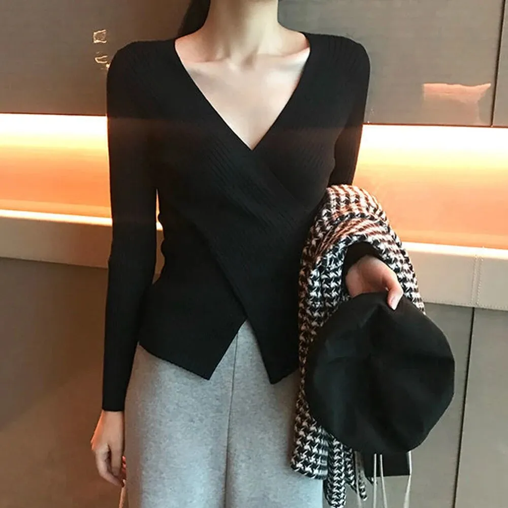 Slim Knitting Irregular Sweater For Women V Neck Long Sleeve Solid Minimalsit Pullover Female Clothing Fashion