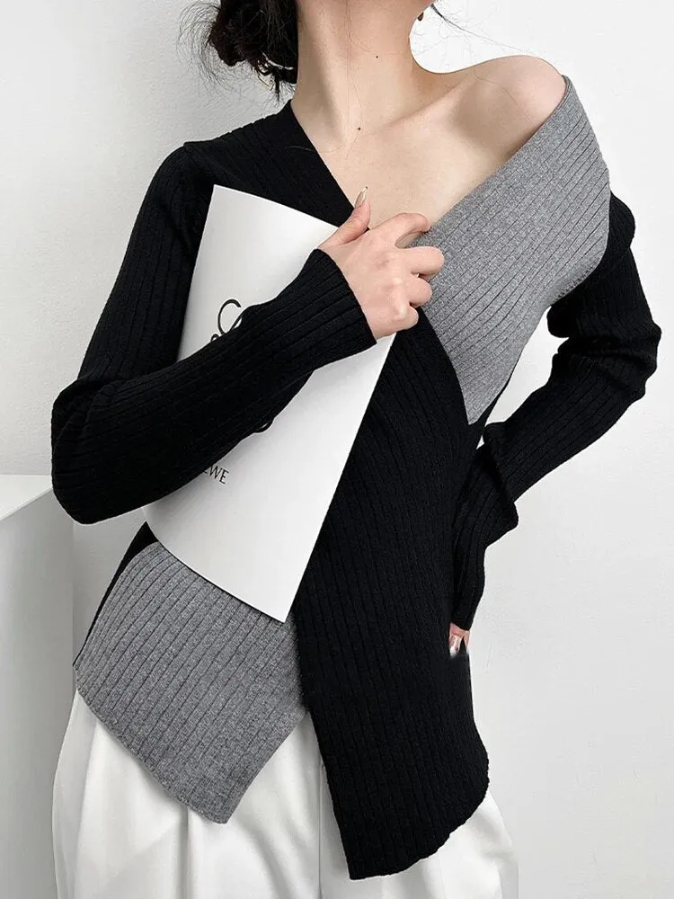 Slim Knitting Irregular Sweater For Women V Neck Long Sleeve Solid Minimalsit Pullover Female Clothing Fashion