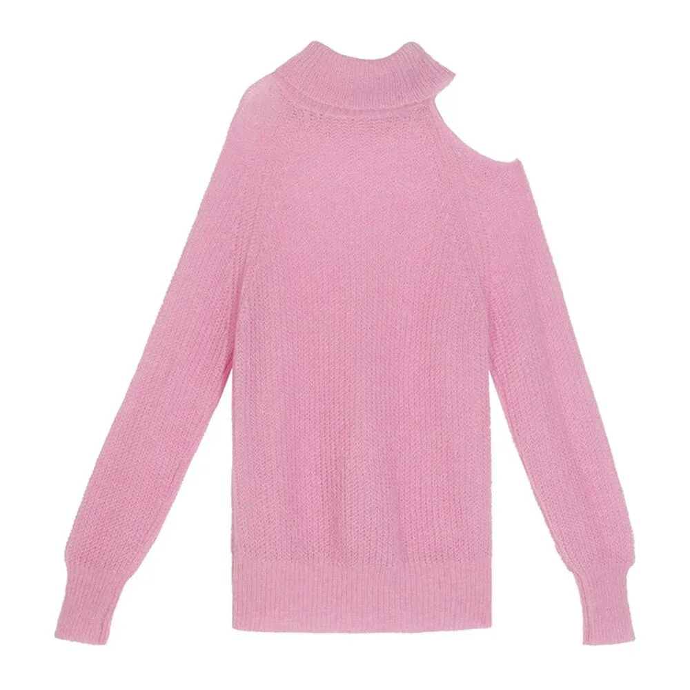 Solid Casual Knitting Sweaters For Women Turtleneck Long Sleeve Cold Shoulder Loose Pullover Sweater Female