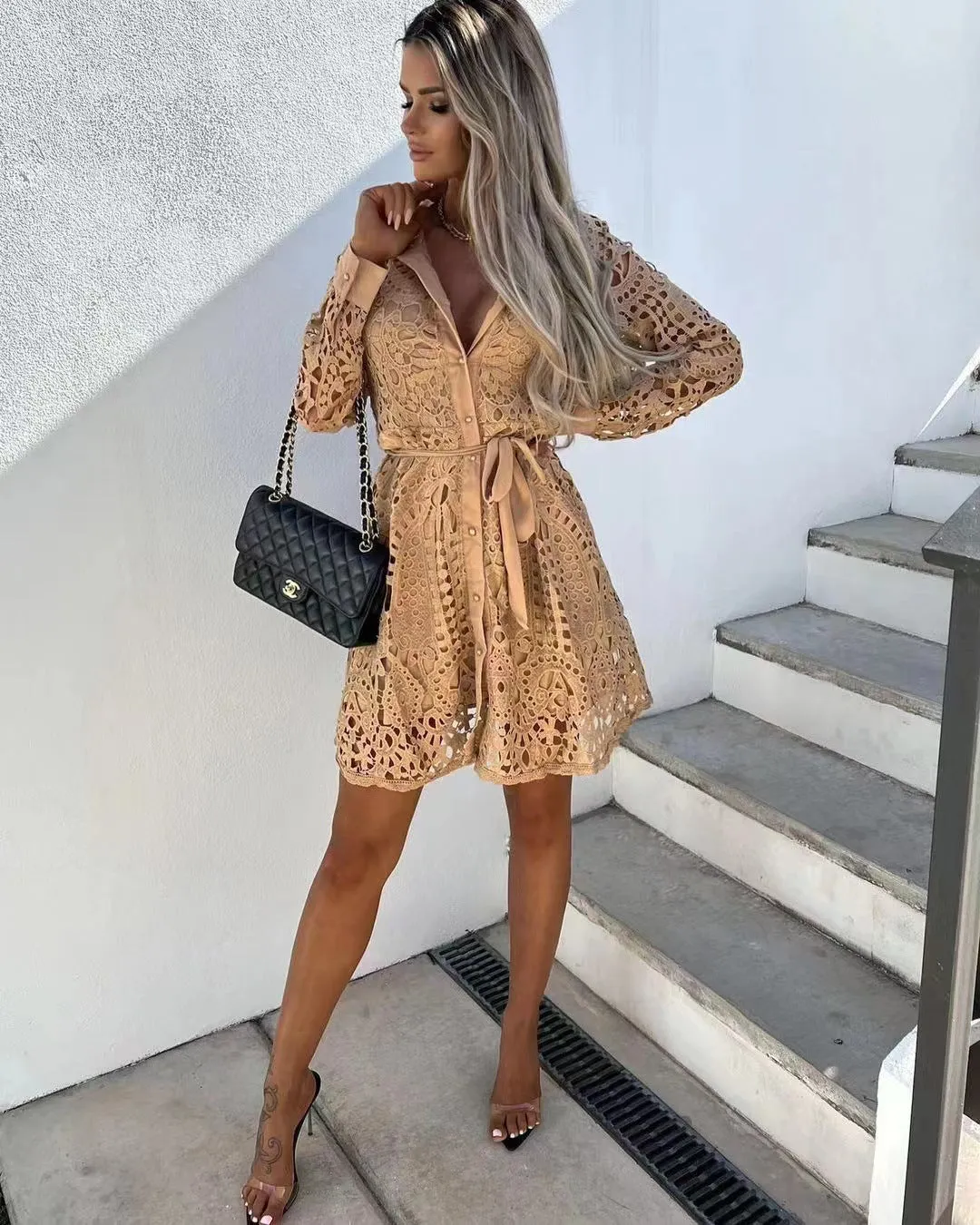 Solid Frenulum Backless V Neck Lace Dress Dresses