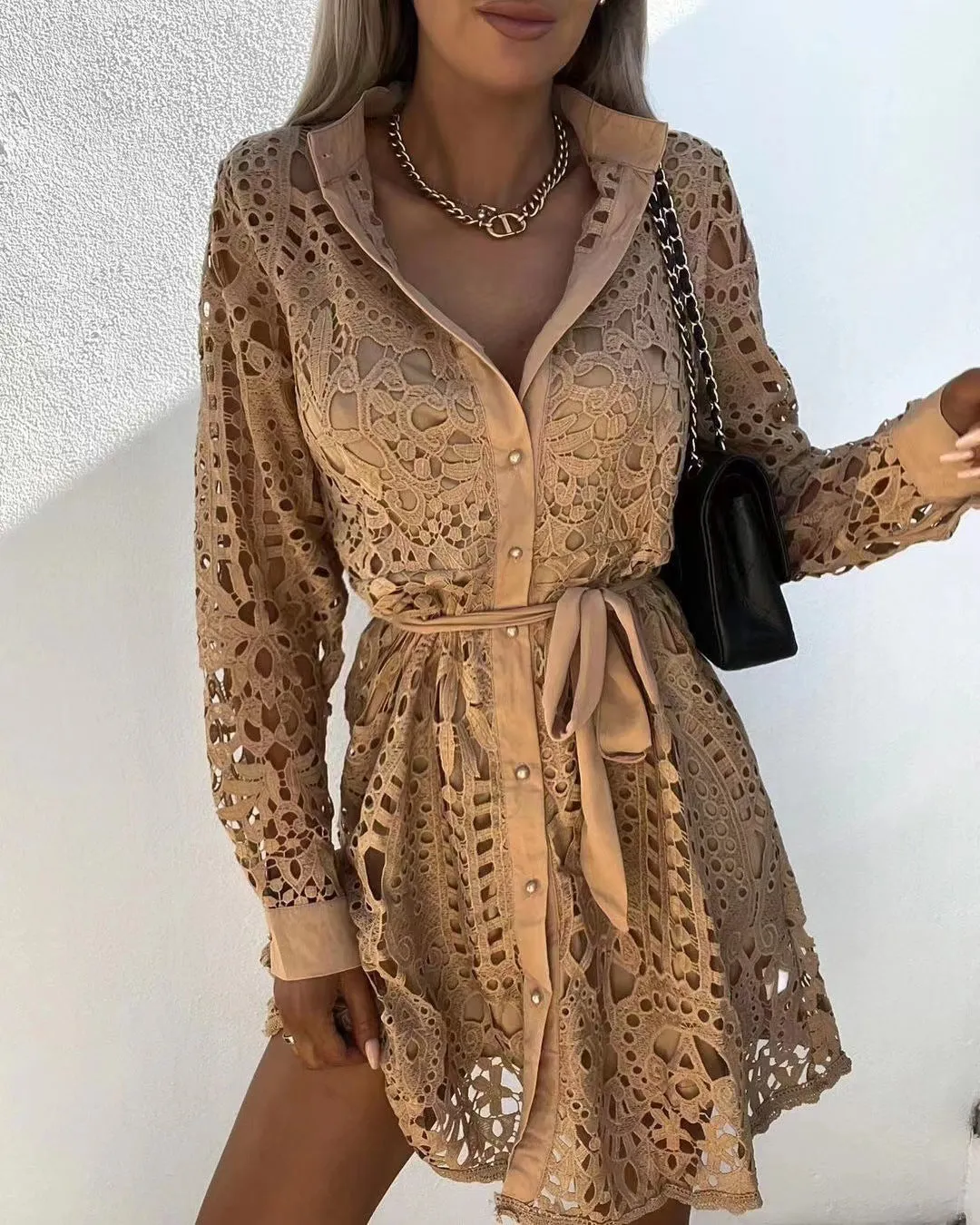 Solid Frenulum Backless V Neck Lace Dress Dresses