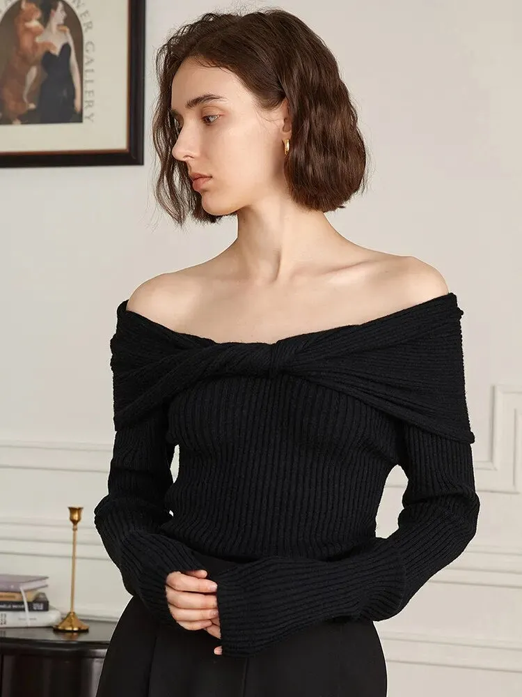 Solid Slimming Twist Front Knitting Sweaters For Women Slash Neck Long Sleeve Cold Shoulder Sweater Female Fashion