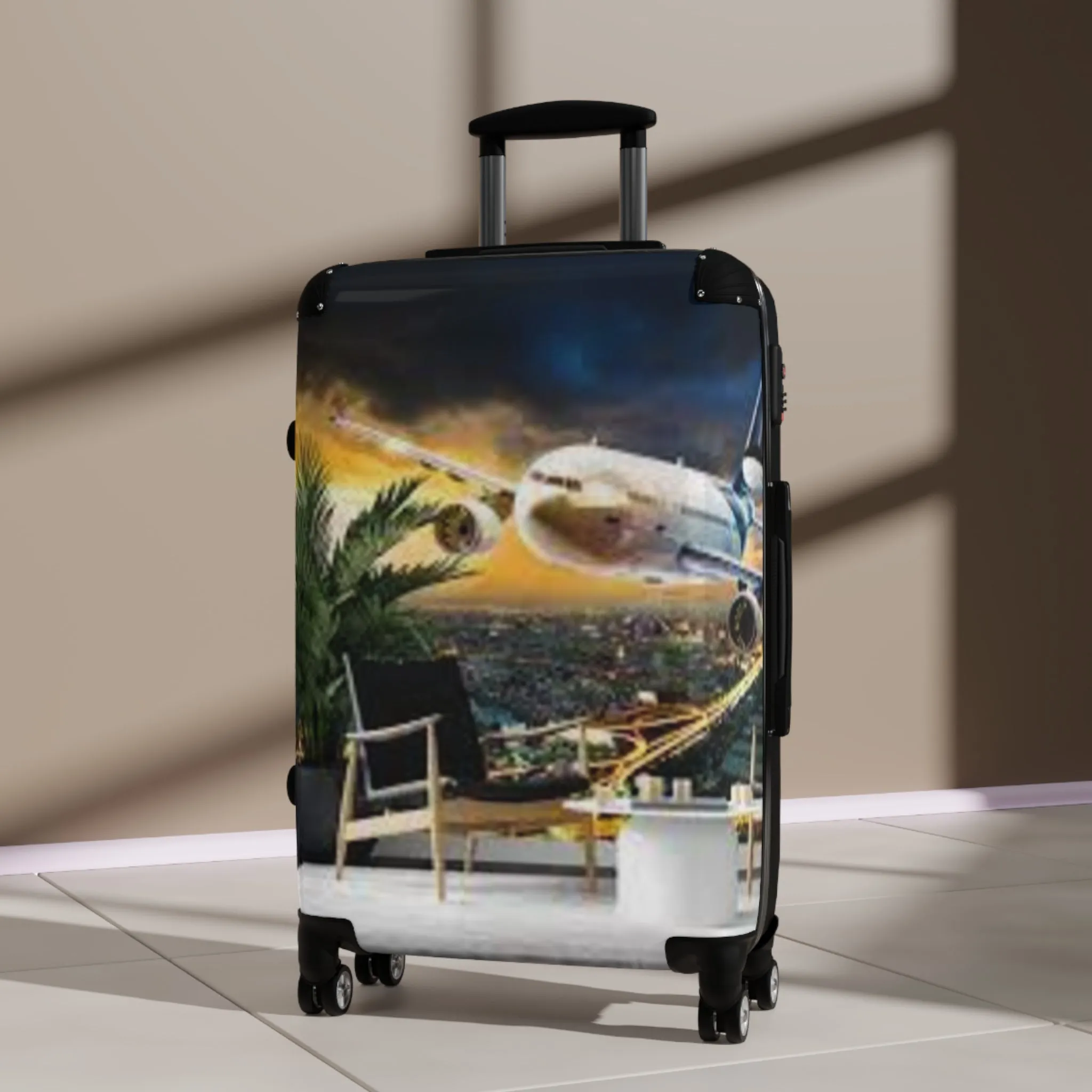 Stylish Travel Suitcase with Airplane and Tropical Design